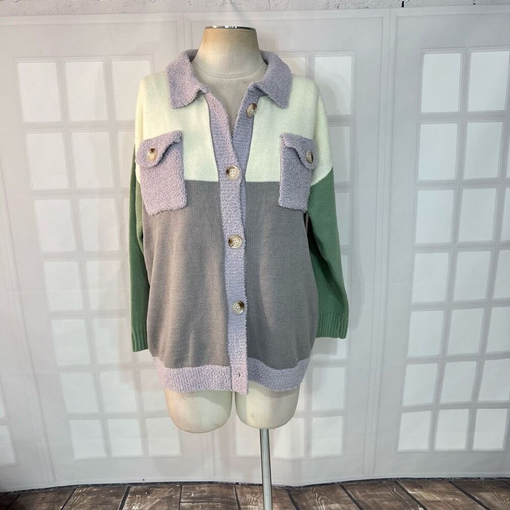 Pink Lilly Multicolor Collared Button Down Colorblock Cardigan Sweater Sz Small